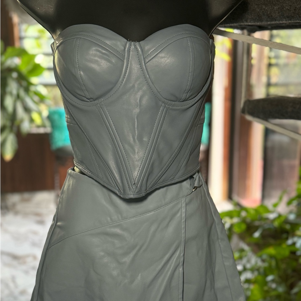 Blue Gray Monochromatic Faux Leather Corset Dress